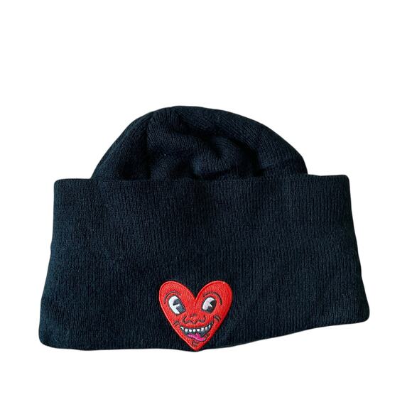 Keith Haring Black Rolled Knit Beanie Hat Embroidered Laughing Heart Unisex - Picture 7 of 10